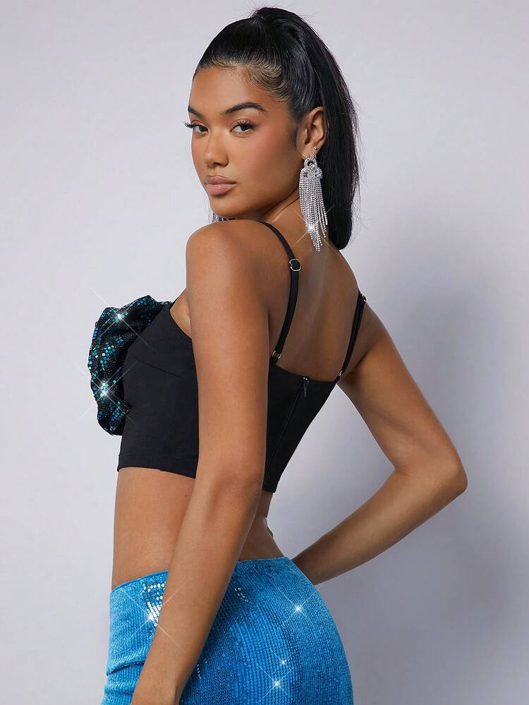 Sequin 3D Rosette Crop Cami Top