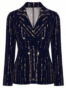 SHEIN Clasi Women's Plus Size Printed Notched Collar Double-Breasted Waist Cinched Blazer - Navy Blue - View 1