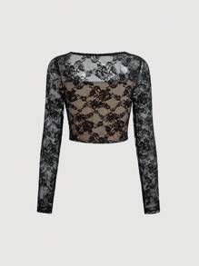 SHEIN MOD 女士甜心領花邊短上衣 - 黑色 - 查看 5