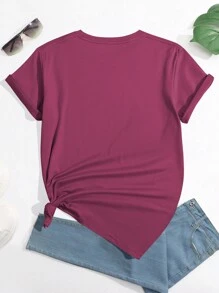 SHEIN LUNE Camiseta De Manga Corta Para Mujer Con Patrón De Mariposa Y Flor - Burdeos - Ver 2