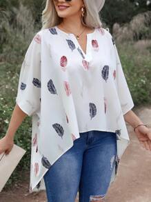 SHEIN LUNE 大尺碼女用羽毛印花高低下擺襯衫 - 白色 - 查看 3