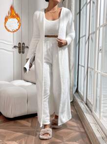 SHEIN Essnce 絨毛素色背心上衣和褲子&開門襟外套 - 白色 - 查看 1