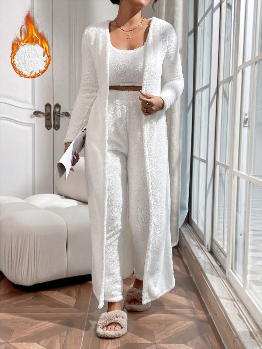 SHEIN Essnce 絨毛素色背心上衣和褲子&開門襟外套 - 白色 - 查看 1