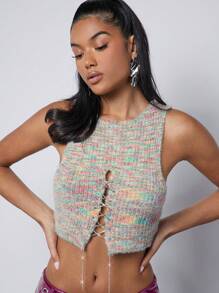 Hauture Space Dye Lace Up Crop Sweater Top - Multicolor - View 6