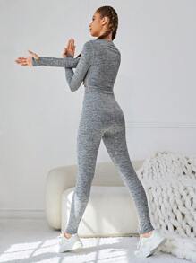 SHEIN Teenagers' Knitted Waist Crossed Round Neck Sports Sweatshirt & Pants Set - Dusty Pink - View 2