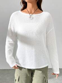 SHEIN EZwear Women's Solid Color Drop Shoulder T-shirt - White - View 7