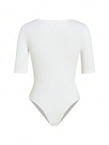 SHEIN BASICS Ladies Solid Color Slim-Fit Bodysuit With Large Round Neckline - Beige - View 2