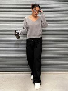 SHEIN Unity 女裝休閒純色垂墜肩毛衣 - 灰色 - 查看 6