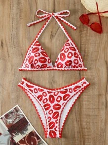 SHEIN Swim Bộ bikini hở cổ in hình môi dành cho nữ ngày lễ tình nhân mùa hè - Nhiều màu - Xem 3