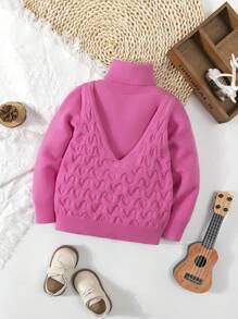 SHEIN Little Girl's Solid Color High-necked Knitted Sweater Vest With Patchwork - Pink - View 1