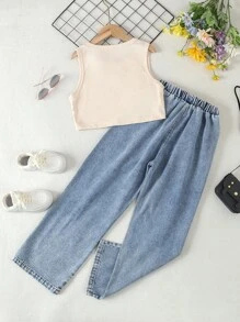 SHEIN Tween Girl Street Urban Girl 图案米色吊带背心上衣和全弹性腰部中度洗水直筒牛仔裤两件套