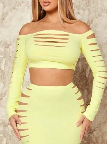 SHEIN SXY Màu thuần Bỏ khỏi vai Tay áo dài Áo và Váy Hai chiếc Bộ Với Đau khổ - màu xanh lá - Xem 3