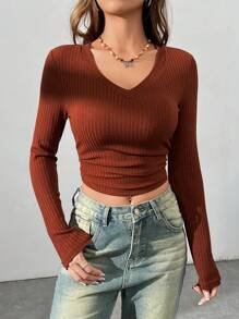 SHEIN EZwear Women's V-neck Long Sleeve Ribbed Knit T-shirt - Brown - View 6