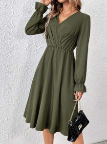 SHEIN Frenchy Solid Color Ruffle Sleeve Dress - Army Green - View 1
