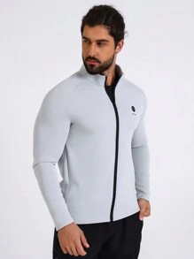Manfinity Fitness Boyfriend Style Men's Letter Print Zipper Front Stand Collar Sports Jacket Workout Tops Sports Jacket - Light Grey - View 5