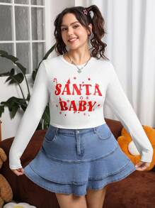 SHEIN EZwear Langarm T-shirt Mit Aufdruck Und Schmaler Passform Buchstabe Muster