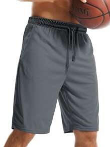 SHEIN Basketball Men's Drawstring Waist Sports Shorts - Dark Grey - View 1