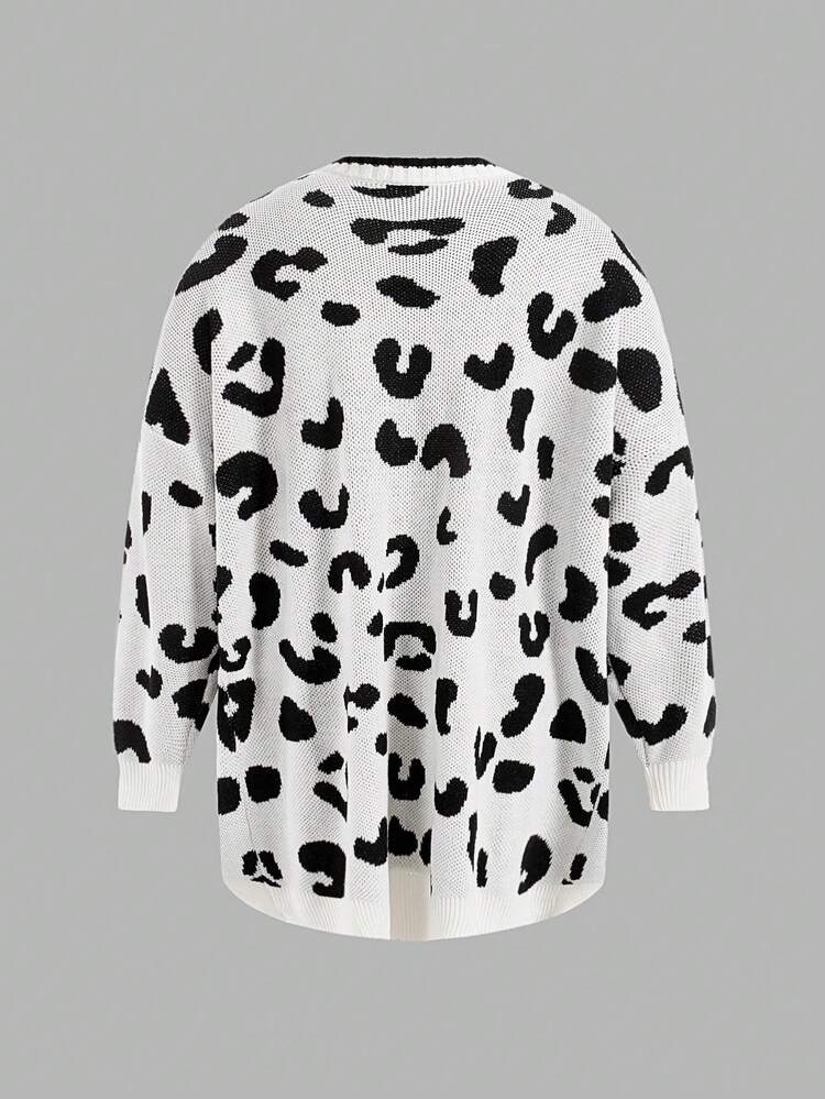 Plus Size Leopard Print Paneled Edge Drop Shoulder Cardigan