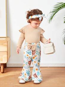 SHEIN 寶寶女孩動物和花卉印花t卹和喇叭褲套裝 - 杏色 - 查看 1