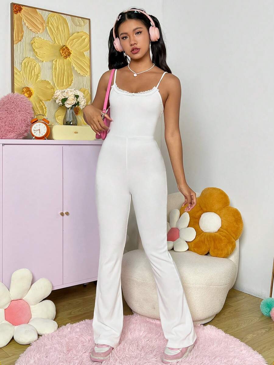 SHEIN EZwear 女性鉤花拼接細肩帶喇叭褲連體褲 - 白色 - 查看 1