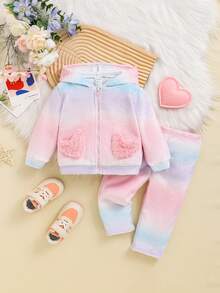 SHEIN Trẻ sơ sinh Cô gái Giải trí Macaron Màu sắc Lông cừu áo có mũ Áo khoác & Quần Bộ Với Hình trái tim Túi - Nhiều màu - Xem 7