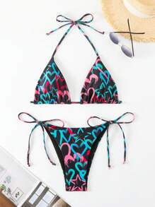 Swim SXY Bộ đồ bơi bikini cổ yếm in hình trái tim cho nữ, lễ hội âm nhạc, cho kỳ nghỉ hè ở bãi biển - Nhiều màu - Xem 3