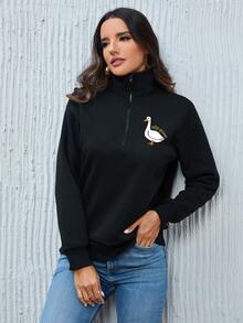 SHEIN LUNE 女士字母印花拉鍊式半扣衛衣 - 黑色 - 查看 4