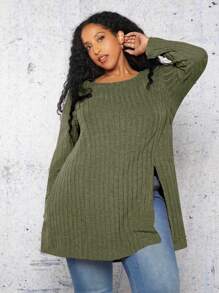 SHEIN CURVE+ Plus Size Women's Split Hem Longline Distressed T-shirt - Army Green - View 4