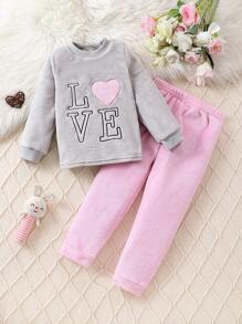 Toddler Girls' Letter & Heart Embroidery Coral Fleece Pajama Set