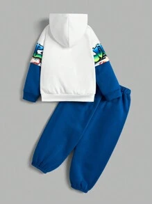 2 件装年轻男孩舒适连帽运动衫，带撞色印花图案和纯色运动裤套装，保暖内衬，加厚 - 彩色 - 查看 2