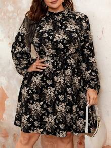 SHEIN Franclia 大碼花卉印花氣球袖洋裝 - 彩色 - 查看 3