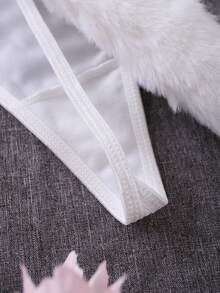 Tanga De Entrepierna Abierta Decorada Con Cola De Peluche De Un Solo Color - Blanco - Ver 3