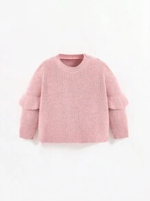 SHEIN Áo len dệt kim rộng rãi cho bé có viền xếp nếp, tay dài và cổ tròn - Hồng - Xem 1