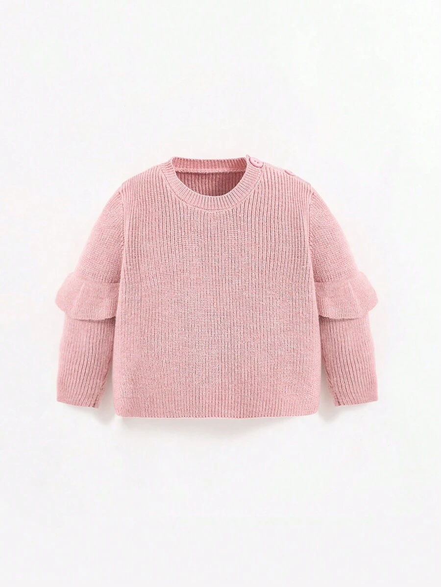 SHEIN Áo len dệt kim rộng rãi cho bé có viền xếp nếp, tay dài và cổ tròn - Hồng - Xem 1