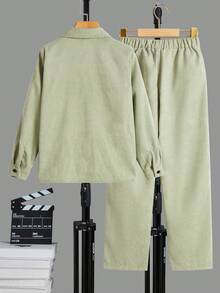 SHEIN Boys' Solid Color Cardigan With Lapel Collar And Matching Pants Set - Green - View 2