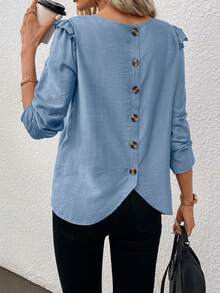 SHEIN Clasi Button Decorated Top With Ruffle Hem Back - Blue - View 4