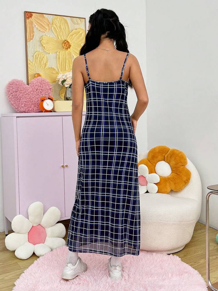 Plaid Pattern Long Length Spaghetti Strap Dress
