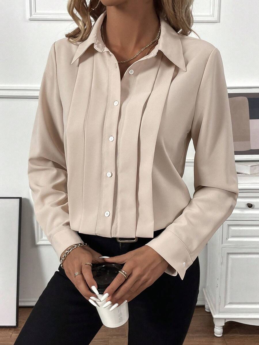 SHEIN LUNE Plain Pleated Button Front Long Sleeve Shirt - Apricot - View 1