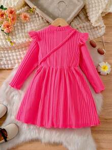 SHEIN Toddler Girls' Ruffle Trim Ribbed Knit Dress With Matching Bag - Hot Pink - View 2