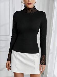 SHEIN Privé Lace Trimmed Long Sleeve T-shirt