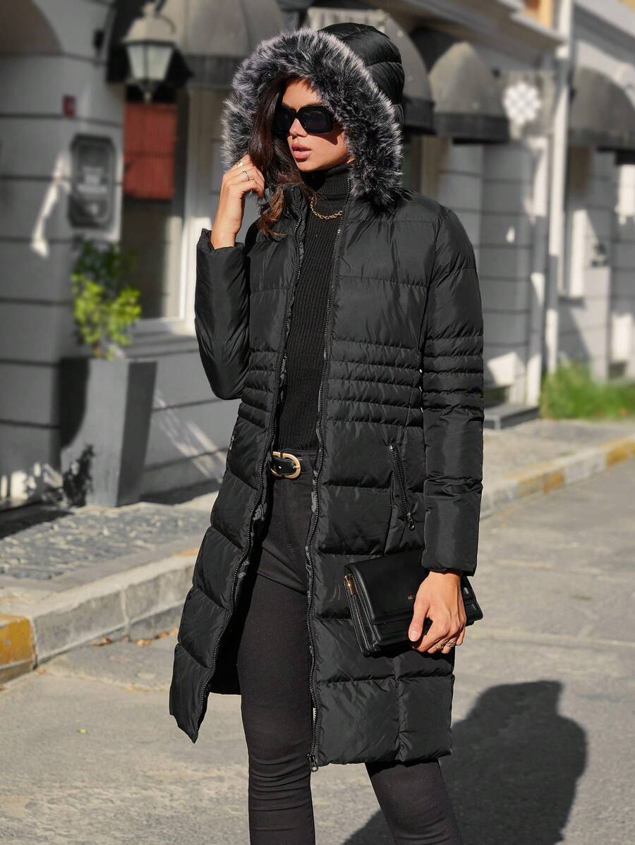 RueChic Zip Up Fuzzy Trim Hooded Puffer Coat - Black - View 1