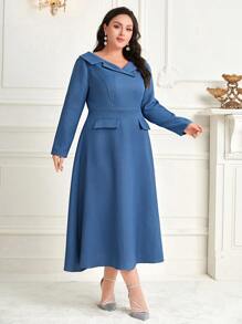 Modelyn Kleid Mit Langen Ärmeln In Übergröße Und Flip-detail Ohne Gürtel - Blau - Übersicht 6