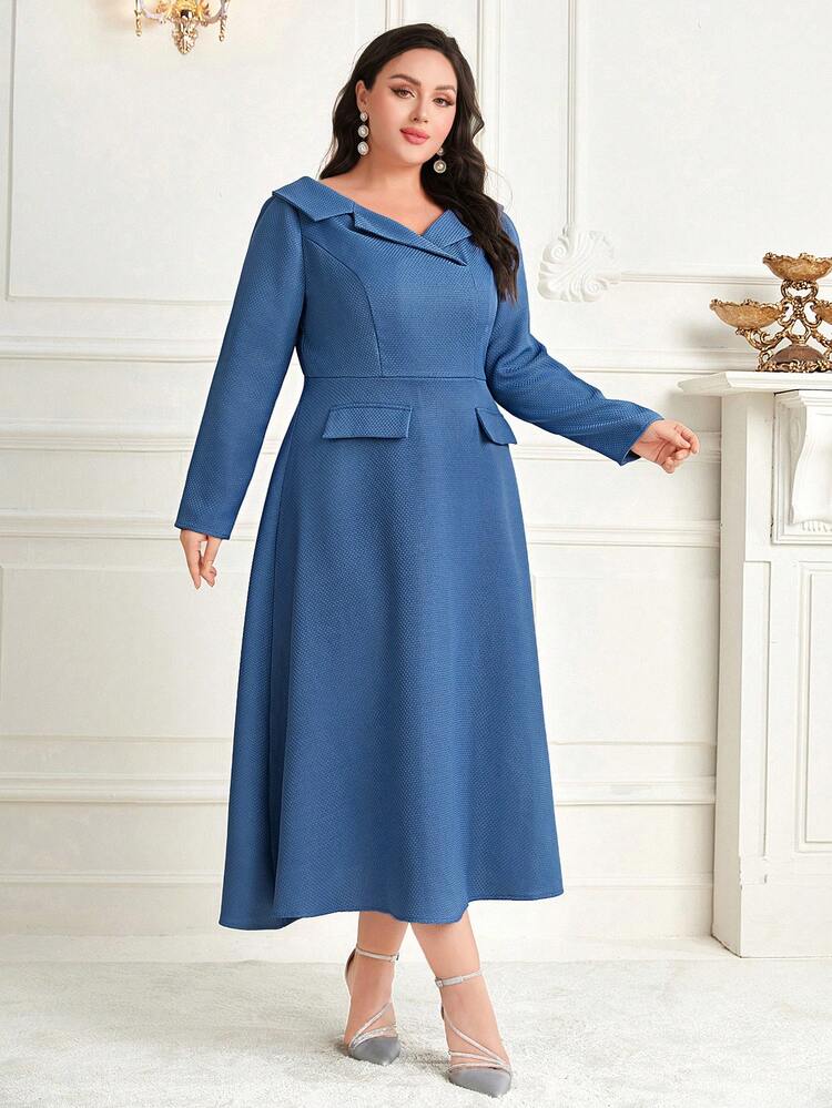 Plus Size Long Sleeve Flip Detail Dress Without Belt