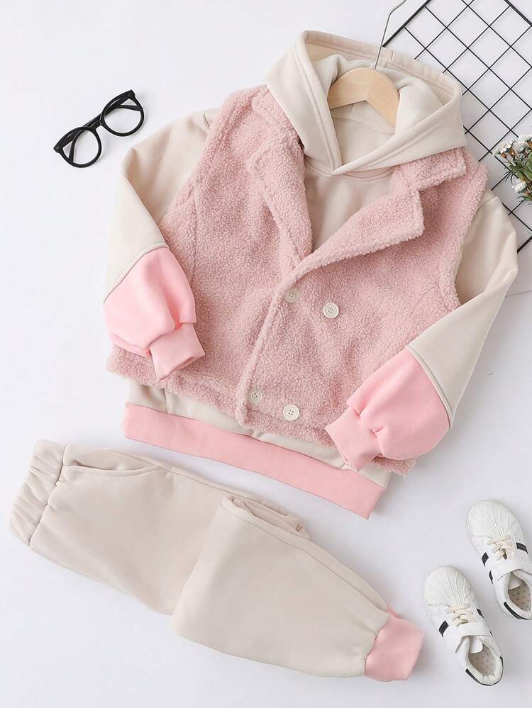 Tween Girls' Winter Casual Color Block Sweatshirt And Matching Pants, And A Plush Vest Set