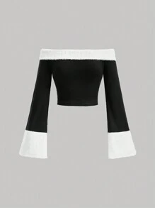 SHEIN MOD 女款修身剪裁,露肩波浪袖t恤,撞色設計 - 黑與白 - 查看 1