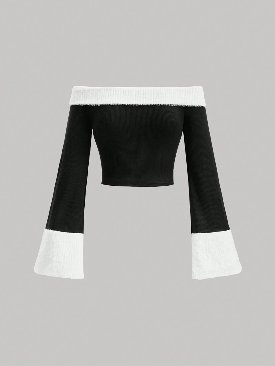 SHEIN MOD 女款修身剪裁,露肩波浪袖t恤,撞色設計 - 黑與白 - 查看 1