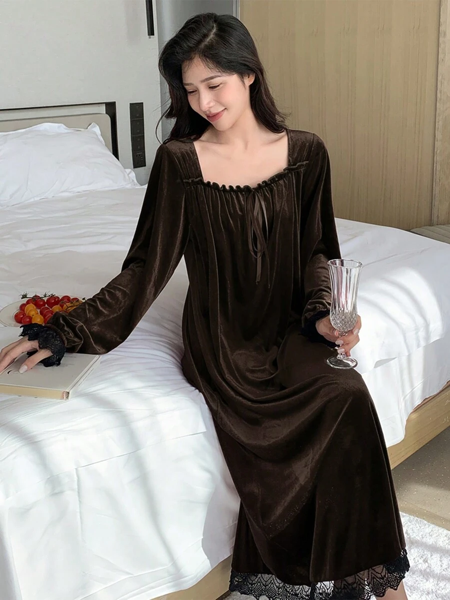 DAZY Của phụ nữ Cổ Trái tim Nhung Áo ngủ dài - Cà phê nâu - Xem 1