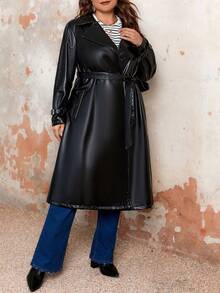 SHEIN Franclia 大尺碼中長款外套,附腰帶 - 黑色 - 查看 5