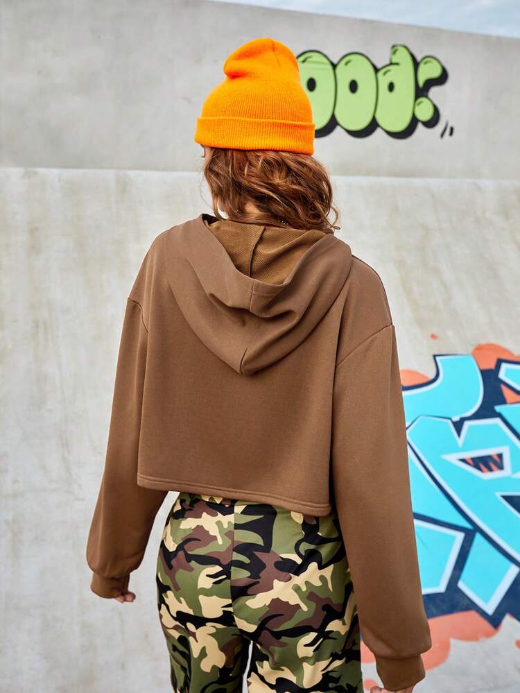 Text Print Hooded Cropped Sweatshirt