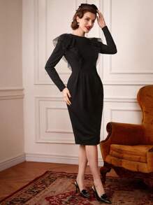 Vintamour Mesh Contrast Long Sleeve Dress - Black - View 8